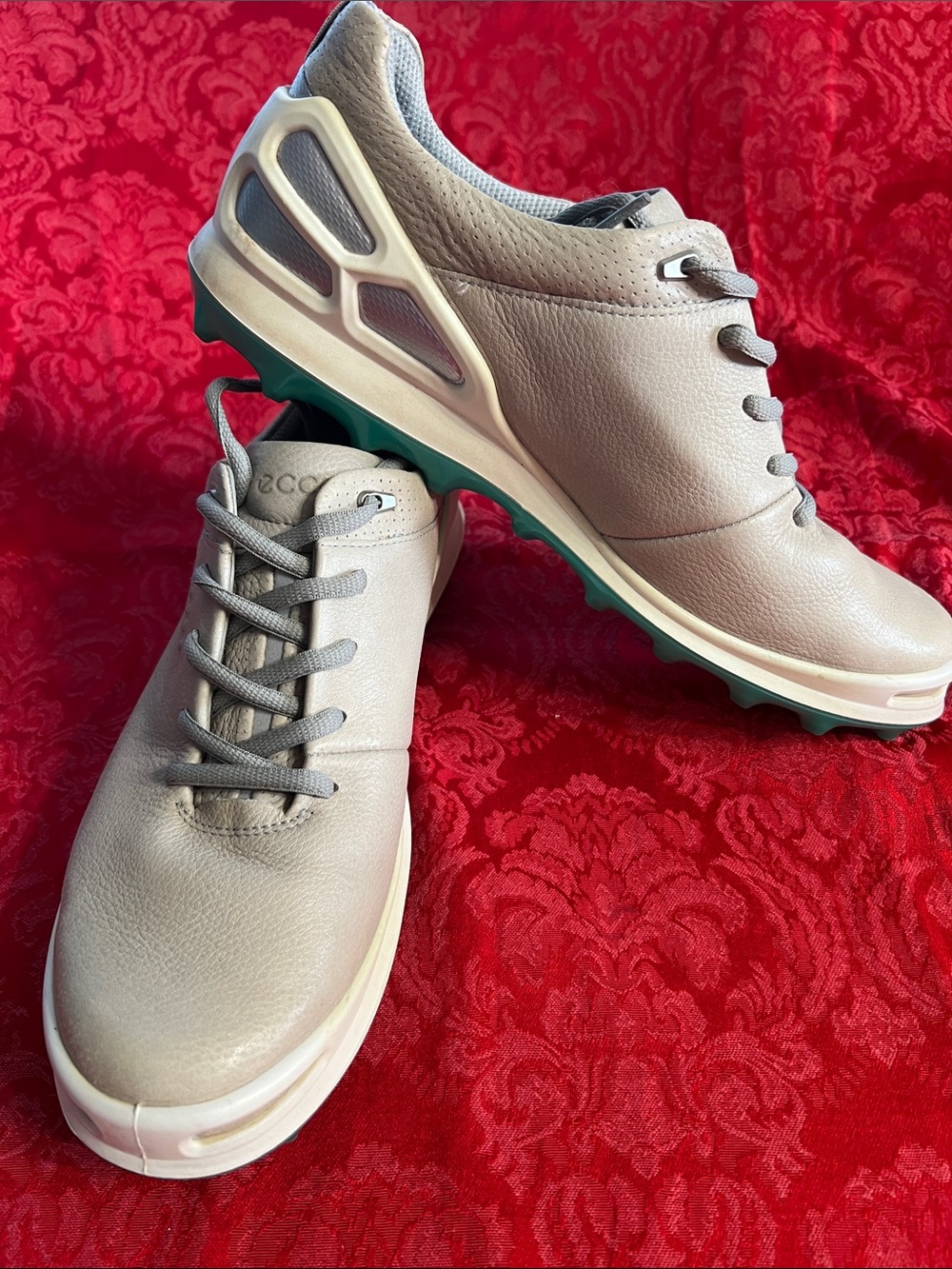 ECCO Golf Women's Leather Golf Shoes Light Gray Taupe Teal Sole Size EU 41 US 10